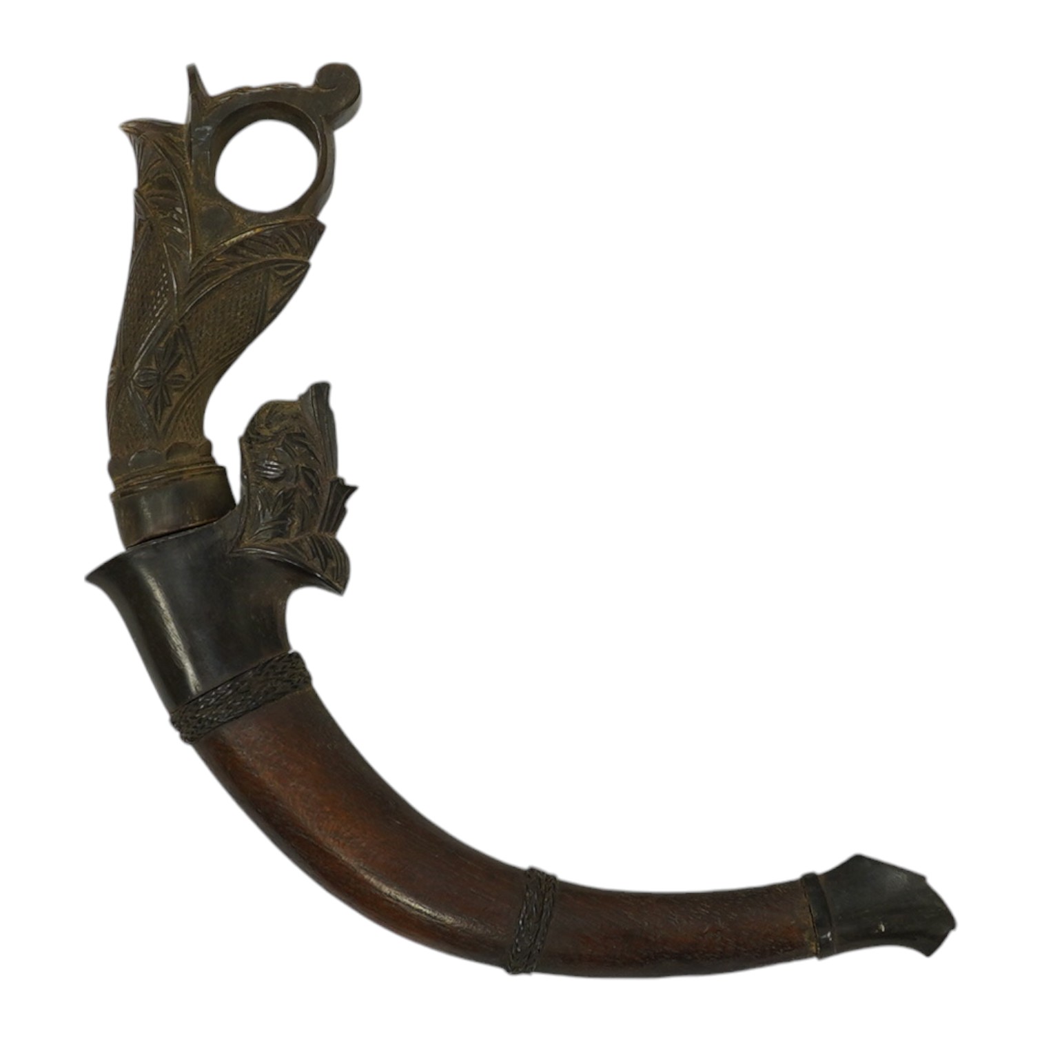 A Korambi sickle dagger in carved wood sheath with horn mounts and horn handle, blade 15cm. Condition - good